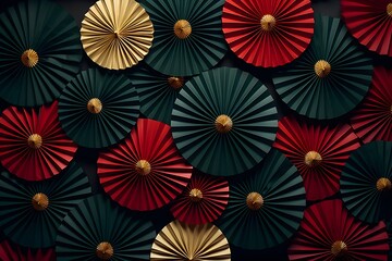 Red and gold paper fans on dark teal background. Festival or wedding traditional asian decoration. Chinese New Year, Mid-Autumn Festival. Frame with copy space for design greeting card, banner