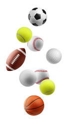 Falling Balls, soccer, football, baseball, basketball, rugby, tennis, golf, isolated on white background, full depth of field