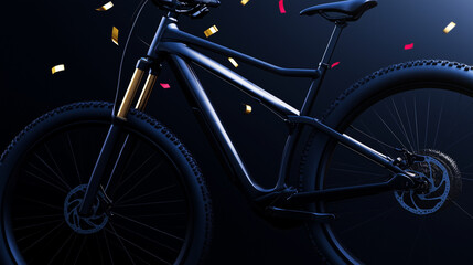Fototapeta premium Sleek black mountain bike with gold accents. Confetti surrounds it, celebratory feel.