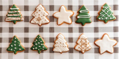 Christmas cookies shaped like trees and stars in green and white icing arranged on a grey and white plaid background, creating a festive pattern.