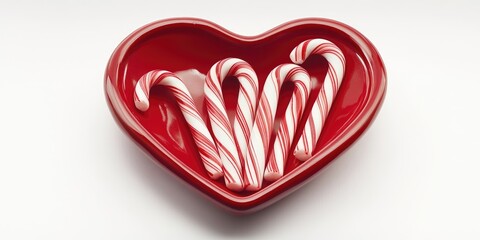 Candy canes displayed in a heart-shaped red dish on a white background, featuring festive red and white swirls for holiday dÃ©cor and treats.