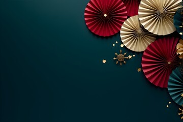 Red and gold paper fans on dark teal background. Festival or wedding traditional asian decoration. Chinese New Year, Mid-Autumn Festival. Frame with copy space for design greeting card, banner