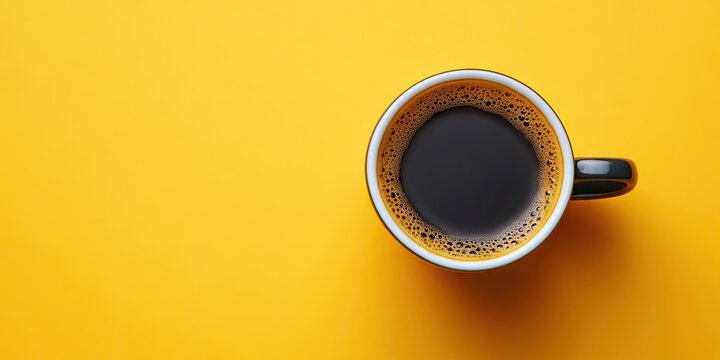 Coffee cup filled with dark brew on vibrant yellow background viewed from above with ample space on the right for text and annotations