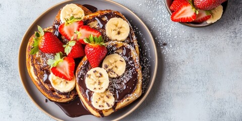 Delicious French toast on a gray plate with chocolate syrup fresh strawberries and banana slices arranged beautifully shot from above