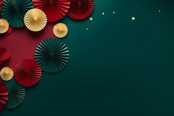 Red and gold paper fans on dark teal background. Festival or wedding traditional asian decoration. Chinese New Year, Mid-Autumn Festival. Frame with copy space for design greeting card, banner