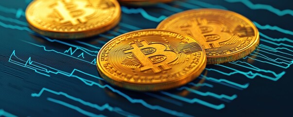 Healthcare Costs premium concept. Golden Bitcoin coins on a digital graph background symbolizing cryptocurrency and investment trends.