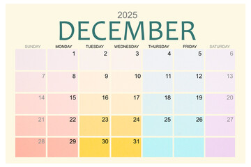 December 2025 Colorful calendar page isolated on white background.