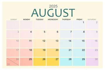 August 2025 Colorful calendar page isolated on white background.