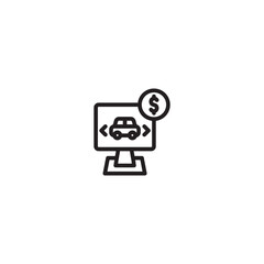 A minimalist line art icon of a car on a computer screen with a dollar sign, representing online car sales or pricing.