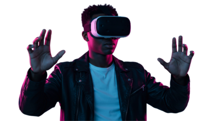 African man immersed in a video game, wearing a virtual reality headset and reaching out to interact with the metaverse