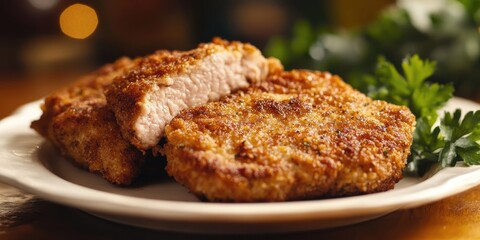 Golden crispy pork cutlet on a white plate with a cross-section revealing tender meat, garnished with fresh parsley, warm blurred background.
