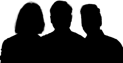 three senior experienced professionals, men and woman, silhouette. transparent background black and white vector illustration.