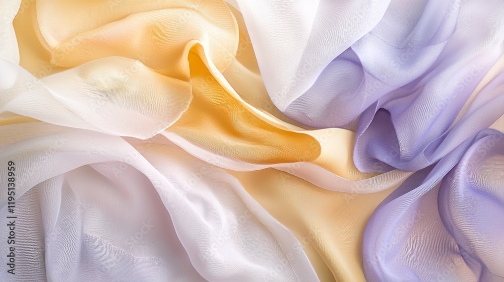 Poster delicate layers of translucent fabric intertwine in shades of butter yellow and lavender, evoking a 