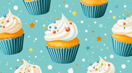 Cartoon Cupcakes with White Frosting, Sprinkles, and a Light Green Background. Seamless Pattern.
