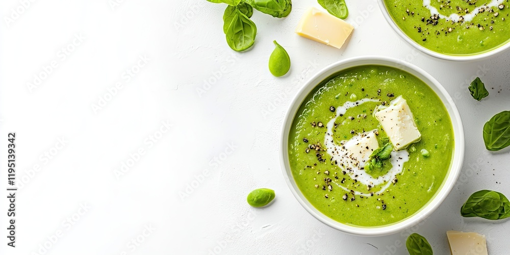 Poster Fresh green pea soup in white bowls topped with cheese, sprinkled with black pepper and garnished with spinach leaves on a white background.