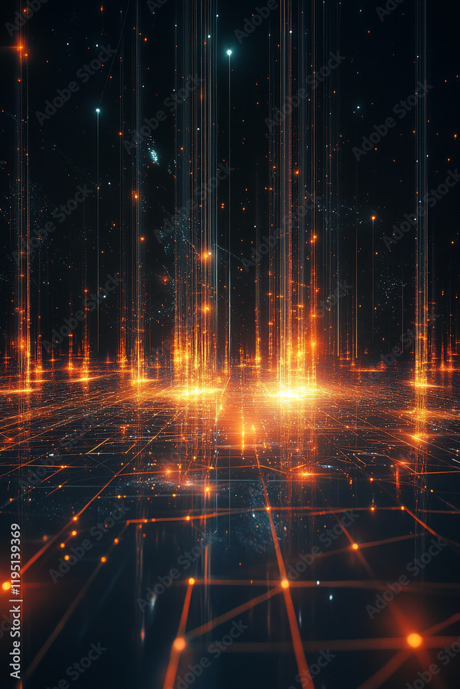 Poster Futuristic glowing grid with light beams and particles in a digital space
