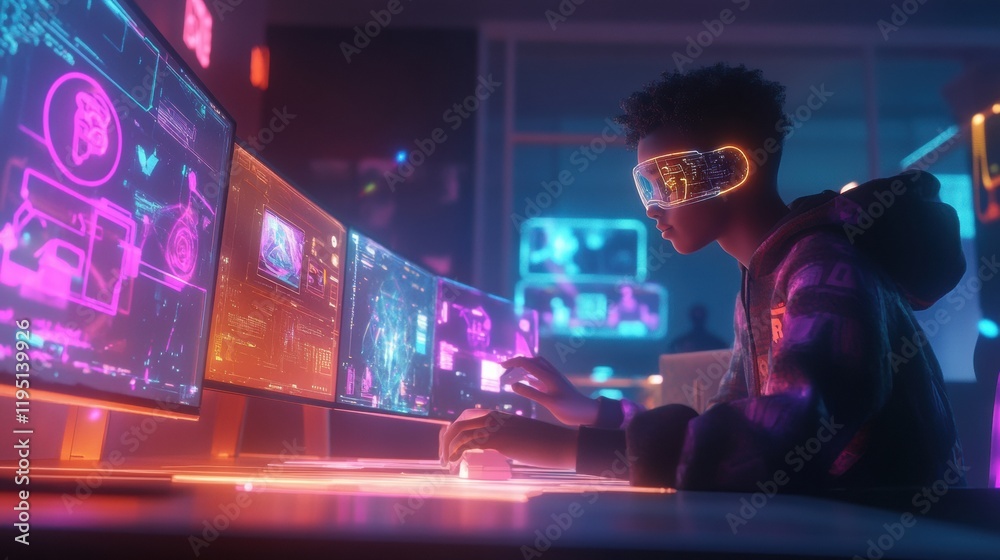 Leinwandbilder exploring virtual realities in a digital workspace with avatars and futuristic technology. generativ