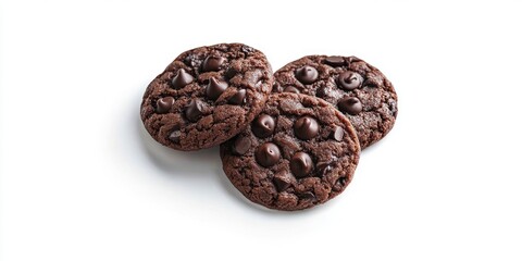 Obraz premium Delicious round double chocolate cookies with chocolate chips arranged in a cluster on a clean white background ideal for culinary design applications