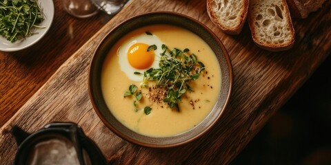 Creamy yellow soup with herbs and a sunny side up egg garnished with microgreens, served beside crusty bread on a rustic wooden board top view.