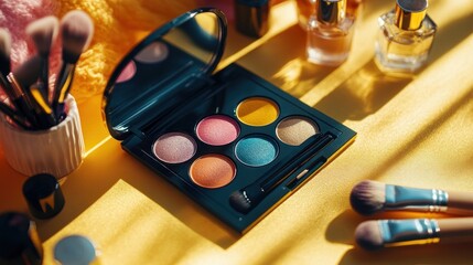 Colorful eyeshadow palette, makeup brushes, perfume, sunny studio
