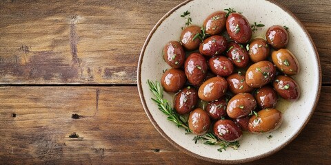 Obraz premium Organic olives elegantly arranged in a round beige plate on a wooden background with herbs and ample copy space on a top view angle