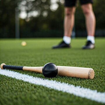 A rounders bat and ball lying on the grass beside a white chalk boundary line,  players in background,  casual outdoor games.,court ,players, action ,scene, Outdoor ,game, 