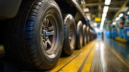 Obraz premium Row of tires with largest in front, automotive industry 
