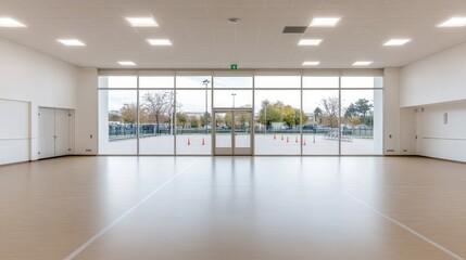 Obraz premium Enjoy a spacious indoor activity area featuring expansive windows that provide a stunning view of the outdoor courts throughout the daylight hours