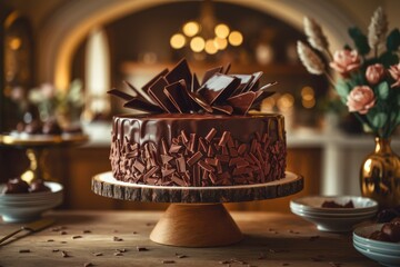 A decadent chocolate cake adorned with chocolate shards and ganache, perfect for a special occasion.