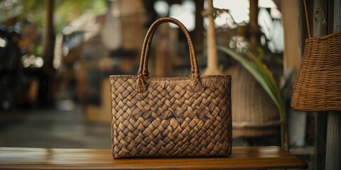 Woven bag showcasing intricate Thai patterns in natural brown tones positioned centrally on a wooden table with a blurred rustic background.