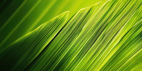 Obraz premium Vibrant green palm leaf close-up showcasing intricate textures and lines with a soft, diffused light emphasizing depth and natural elegance