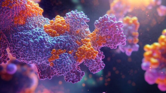 Microscopic visualization of protein molecules in vibrant purple and orange colors against dark background, showing detailed molecular structure in 3D scientific rendering