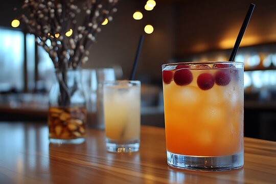 Three iced drinks on bar, cranberries, citrus.