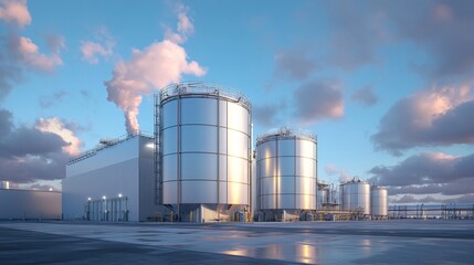 Detailed 3D model of large hydrogen storage tanks prominently 