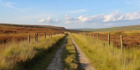 Obraz premium Dirt road flanked by wooden fences under a blue sky with clouds, leading into moorland, featuring green grass and earthy tones, space for text.