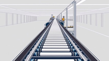 Fototapeta premium Conveyor belt at factory, plant or warehouse in front and perspective view. Vector realistic illustration of automated machine in mass production line isolated on white background