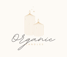 Organic candles studio label design with lettering drawing in linear art deco style on beige background