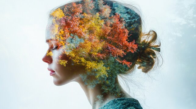 Creative double exposure portrait combining female silhouette with vibrant autumn forest scenery, showing seasonal transformation through artistic photography blend technique.