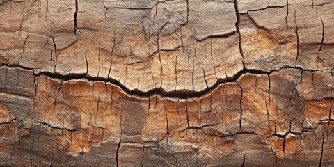 Fototapeta premium Brown wooden texture with visible cracks featuring deep grooves and natural aging patterns in a horizontal layout creating a rustic backdrop.