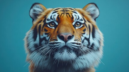 Fototapeta premium Majestic Close-Up of a Wild Tiger with Striking Eyes and Vibrant Fur Against a Calm Blue Background Capturing the Beauty of Nature and Wildlife