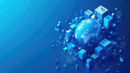 An illustrative graphic depicting global logistics and transportation. The image features a stylized globe with shipping routes,