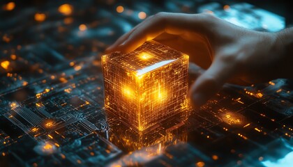 Cybersecurity innovation, hand interacting with glowing cube, surrounded by digital network circuits, representing data security and technological advancement