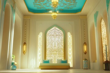 Serene Mosque Interior with Glowing Turquoise Elements for Decorative Design