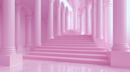 Obraz premium Pink Palace Colonnade: A dreamy, pastel pink colonnade with a grand staircase leads the eye into a serene, architectural fantasy.