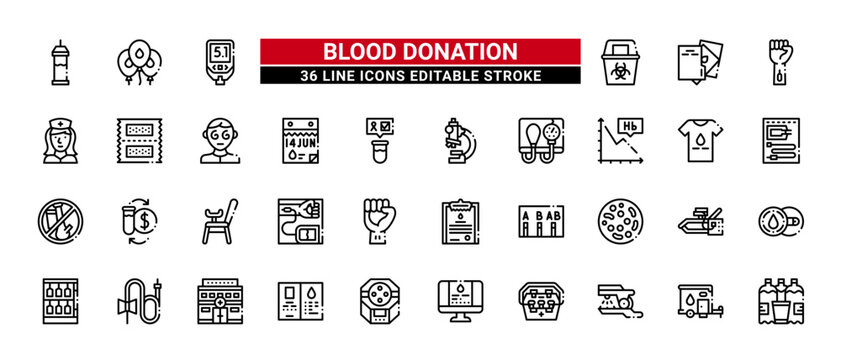 36 Blood Donation Line Icons Set Pack Editable Stroke Vector Illustration.