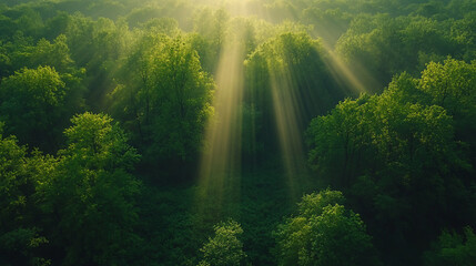 Sunlight Shining Through the Trees in a Forest with Yellow Flowers Featuring Magical Fantasy Landscapes and Sun Rays Through Canopy Generative AI