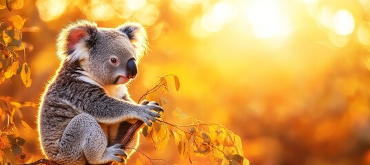 Fototapeta premium Portrait of a Koala Bear on Branch with Autumn Tree and Sunshine. Australian Wildlife