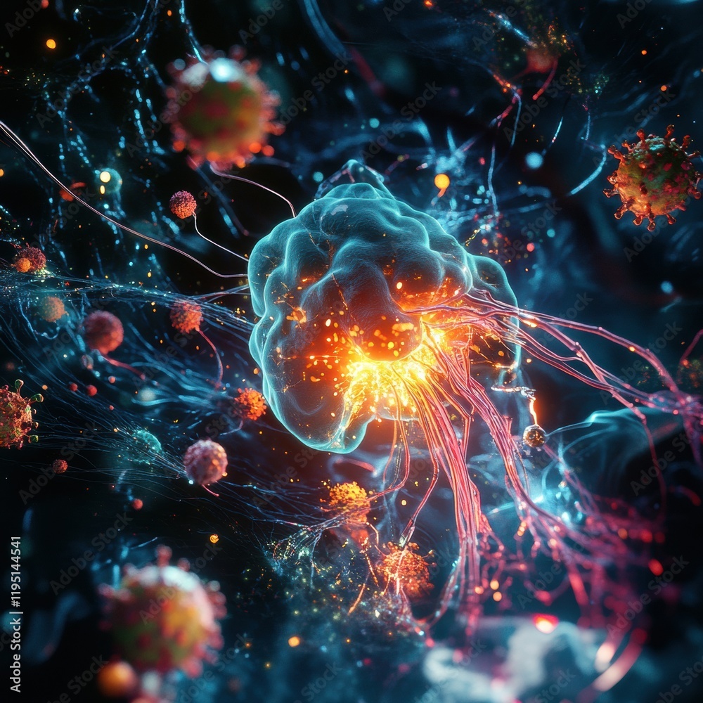 Poster Magnified view of a human cell under attack by multiple viruses in a dramatic scientific illustration. Generative AI