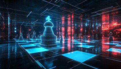 Futuristic chessboard featuring a digital king, blue neon light connections, sleek metallic textures, modern scifi design, hyperdetailed
