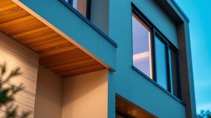 Obraz premium Modern Architectural Design: Teal Facade and Wood Accents. Luxury Home Exterior at Dusk